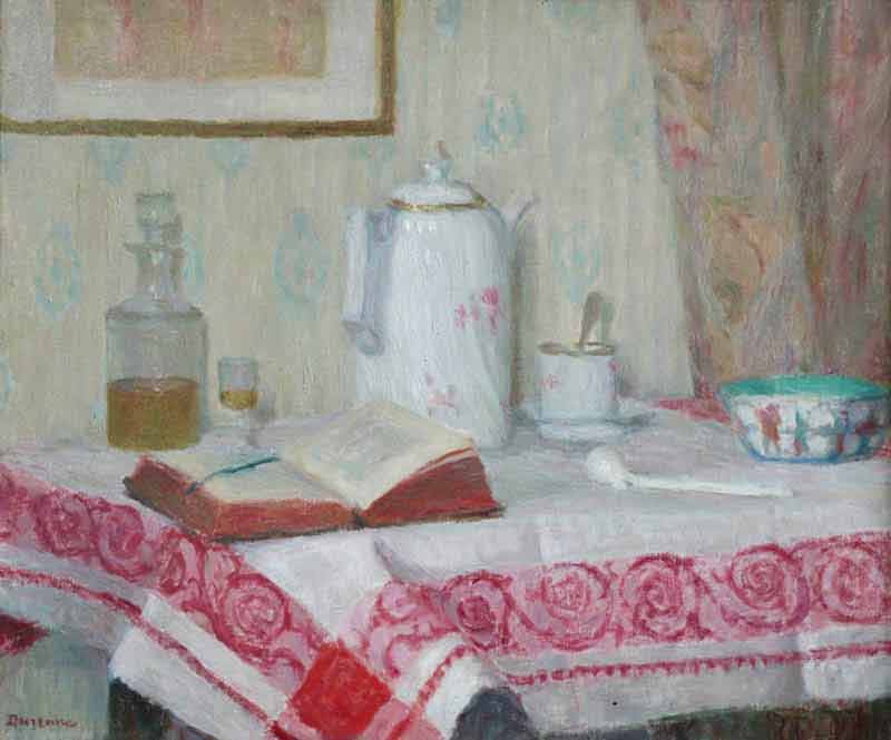 Still life of items on a table including a pipe, teapot, cup & saucer, book, bowl and decanter with glass, all upon a red and white tablecloth. Background of wallpaper, curtain and painting.